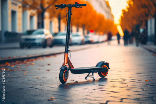 Electric scooter parked on an urban street in autumn photo