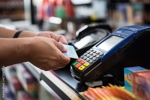 Man applies credit card to portable terminal to make contactless payment for purchase in store with blurred background. Concept of making payments using innovative technologies in shop photo
