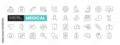 Set of 36 Medical line icons set. Medical outline icons with editable stroke collection. Includes Doctor, Hospital, Stethoscope, Ambulance, Heart and More. 
