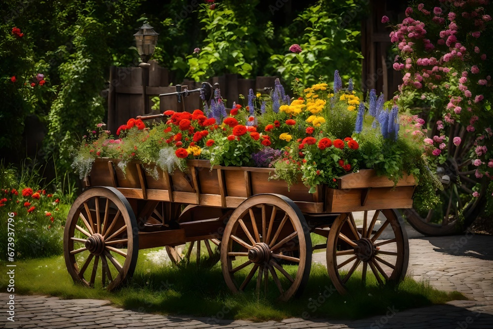 cart with flowers in the garden