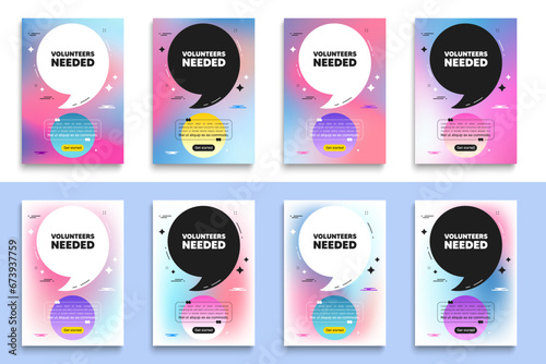 Volunteers needed tag. Poster frame with quote. Volunteering service sign. Charity work symbol. Volunteers needed flyer message with comma. Gradient blur background posters. Vector