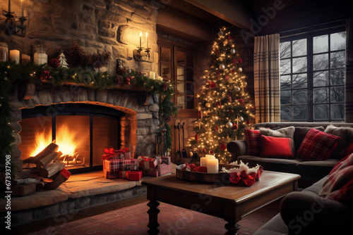 cozy livingroom with warm fireplace, Christmas tree with presents