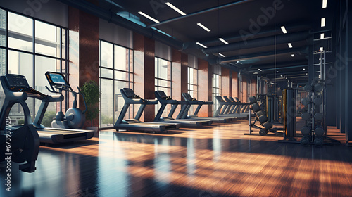 Exercise machines in spacious empty gym interior. Special modern equipment for physical training. photo