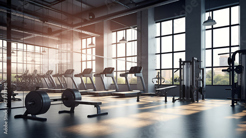 Exercise machines in spacious empty gym interior. Special modern equipment for physical training. © Tanuha