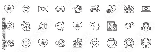 Icons pack as Divorce lawyer, Valentine and Heart line icons for app include Social media, Rainbow, Hold heart outline thin icon web set. Miss you, Lgbt, Woman love pictogram. Love you. Vector