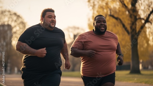 Fat male friends doing sports together running in park with yellow foliage on trees losing weight. Active lifestyle and desire to lose excess weight. Support from friend and spend time in nature