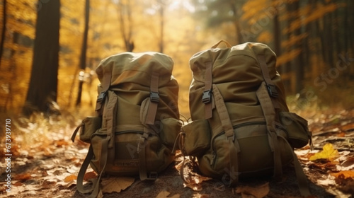 Two military backpackers in a mountain forest. AI Generated