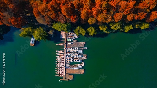Vászonkép Aerial view of Yanggong Causeway at West Lake, Hangzhou during autumn