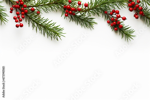 christmas card with branch and red berries on white  holiday christmas background with green fir branches with red berries  christmas greeting