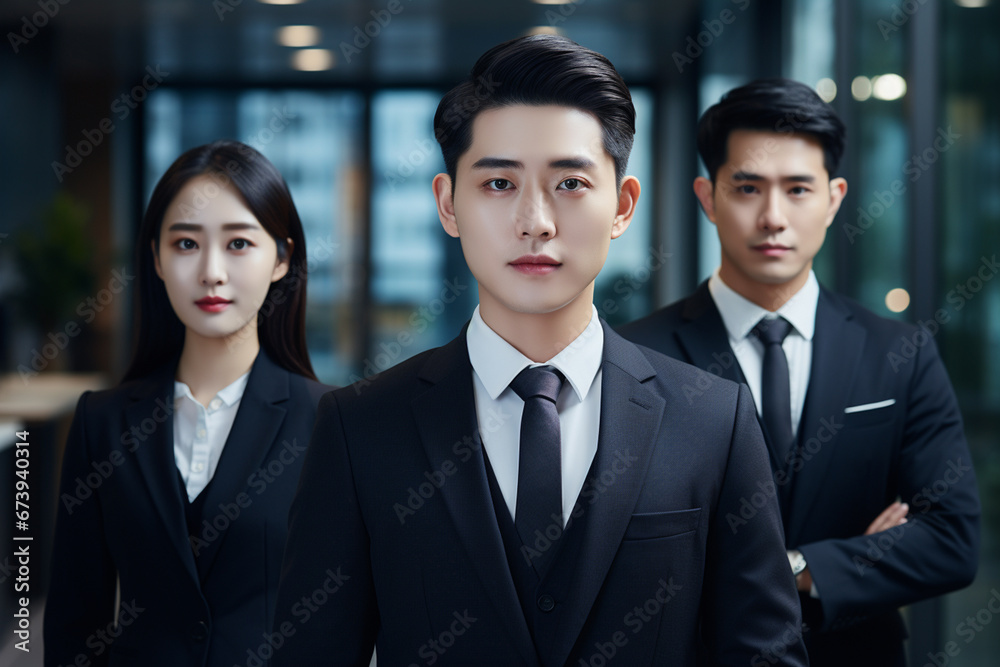 Asian Business team confident look at camera office background Asian Business team confident look at camera office background