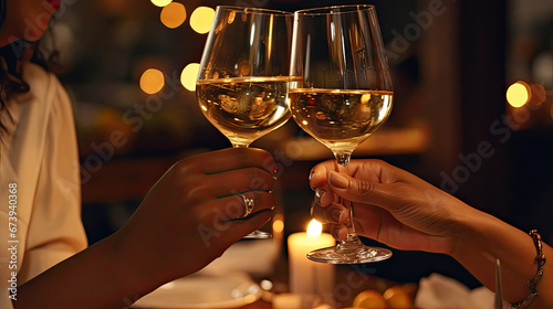 Friends clinking glasses at Christmas day in restaurant.Happy young couple enjoying nice romantic dinner.