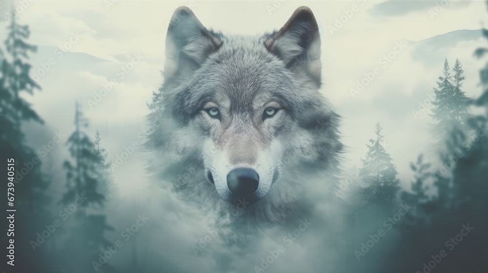 Obraz premium double exposure, portrait of a wolf against the background of a foggy coniferous forest. Generative AI