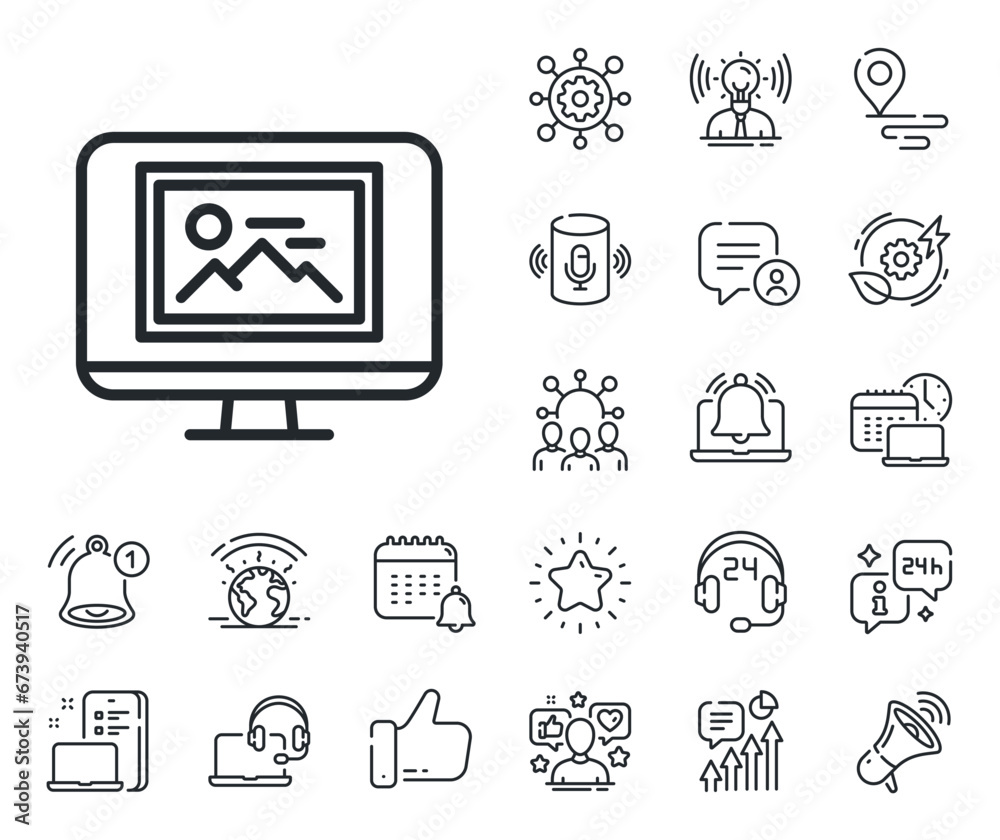 Monitor with Image sign. Place location, technology and smart speaker outline icons. Photo thumbnail line icon. Picture placeholder symbol. Photo thumbnail line sign. Vector Monitor with Image sign. Place location, technology and smart speaker outline icons. Photo thumbnail line icon. Picture placeholder symbol. Photo thumbnail line sign. Vector