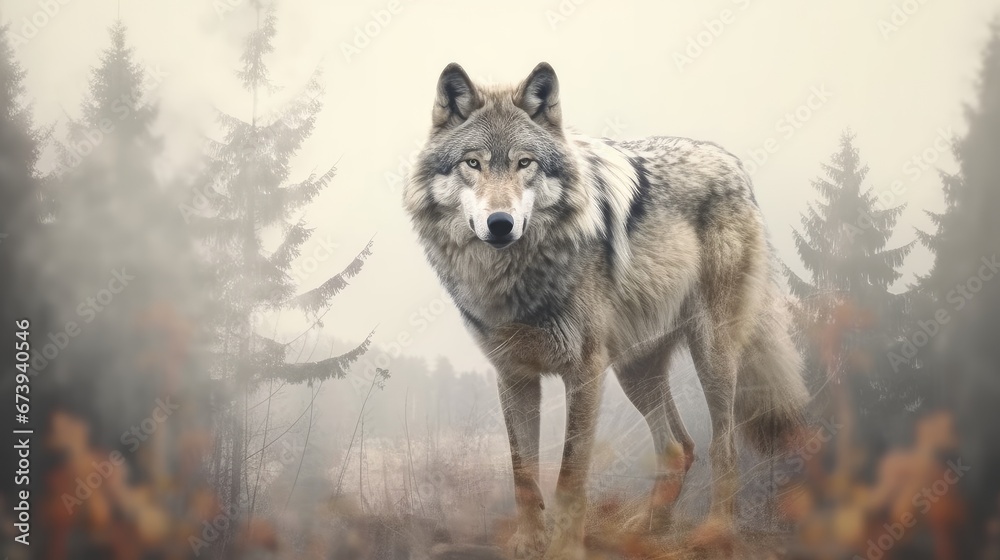 double exposure, portrait of a wolf against the background of a foggy coniferous forest. Generative AI