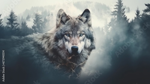 double exposure, portrait of a wolf against the background of a foggy coniferous forest. Generative AI photo