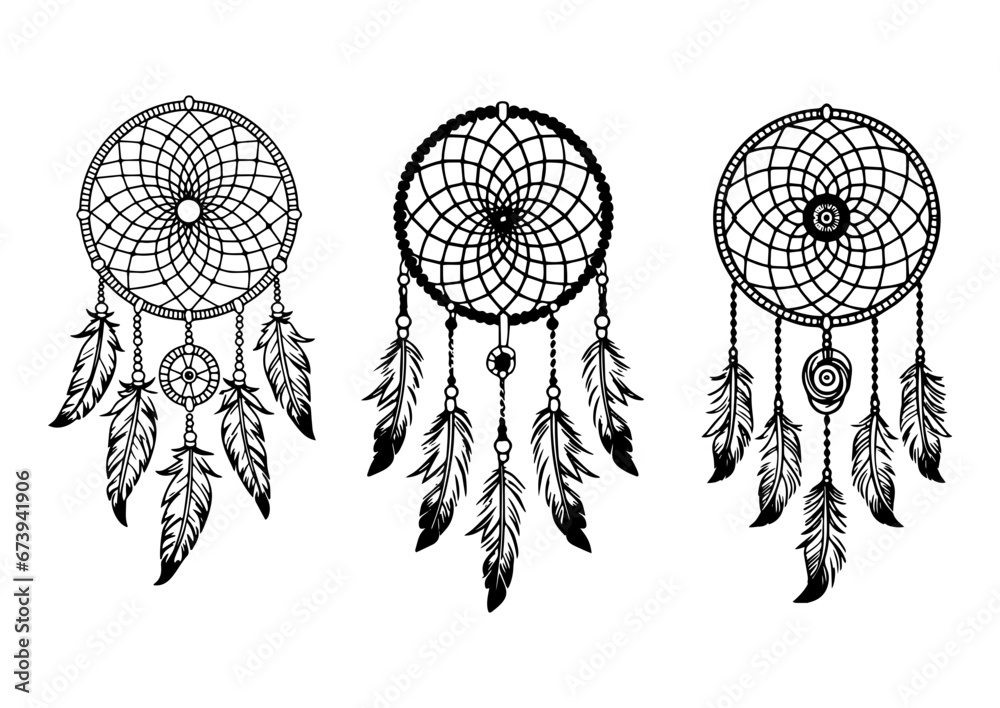 Set of dream catcher designs. Tribal indian symbol. Ethnic vector illustration. Dreamcatchers silhouette. Boho style print. Outline sign threads, beads and feathers. Native american design.
 - obrazy, fototapety, plakaty 