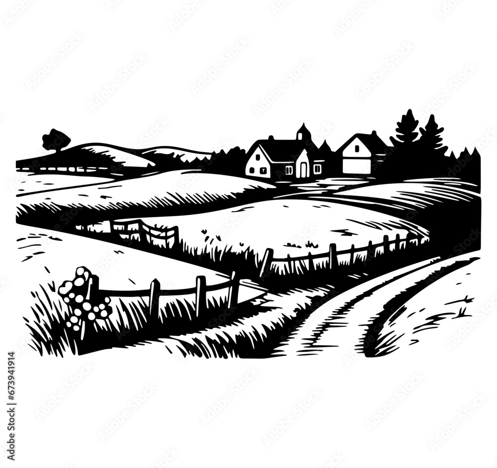 Farmhouse in the distance. Engraved drawing. Hand drawing for your design, drawn in black ink on a blue background. Black and white style. Sketch. Ideal for postcard, book, poster, banner. Vector	