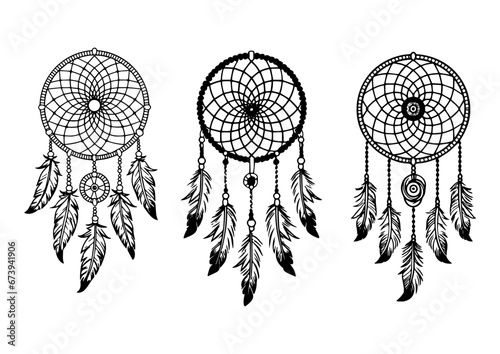 Set of dream catcher designs. Tribal indian symbol. Ethnic vector illustration. Dreamcatchers silhouette. Boho style print. Outline sign threads, beads and feathers. Native american design.
