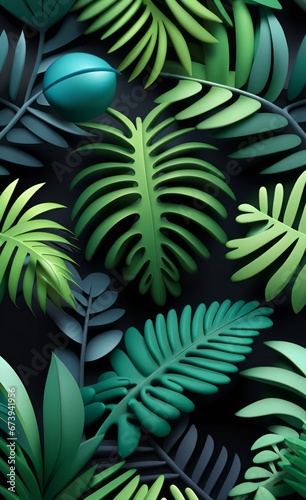 Tropical Trees and leaves wallpaper design - 3D illustration  Generative AI