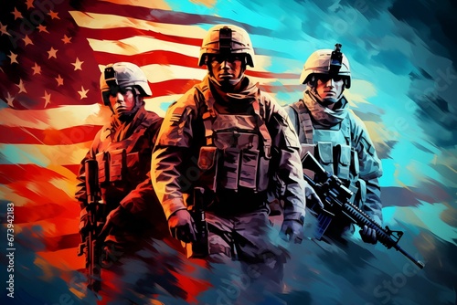 US army soldiers pose in front of the american flag