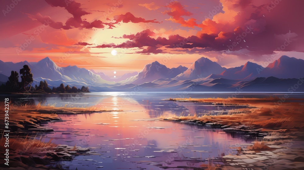 watercolor landscape depicts a beautiful sea sunset