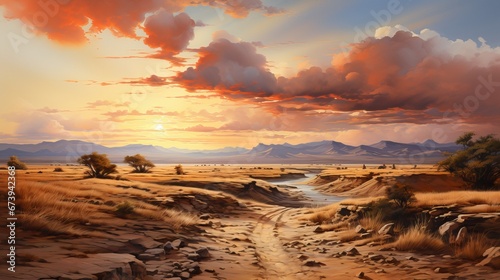 watercolor landscape featuring a desert with soft sandy tones and a vibrant sunset 