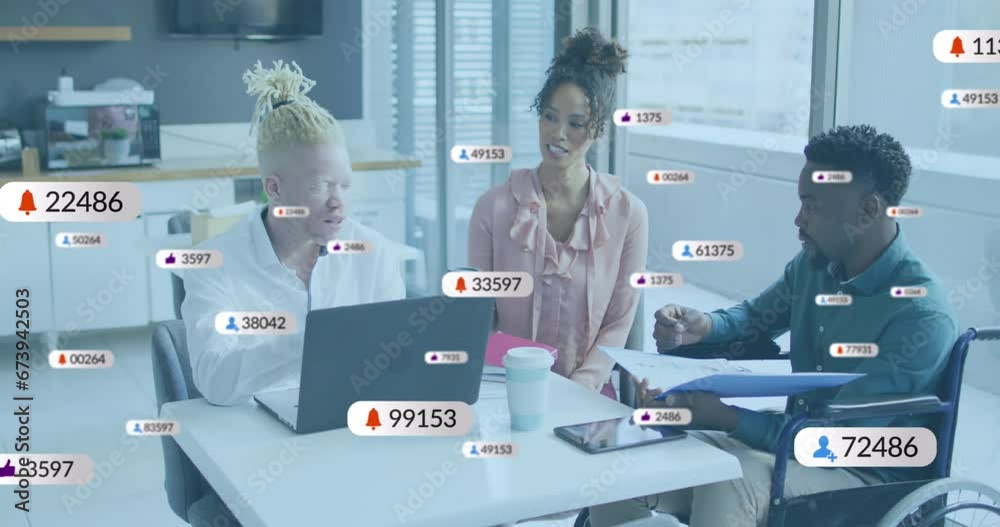 Animation of multiple notification bars over diverse coworkers discussing reports in office