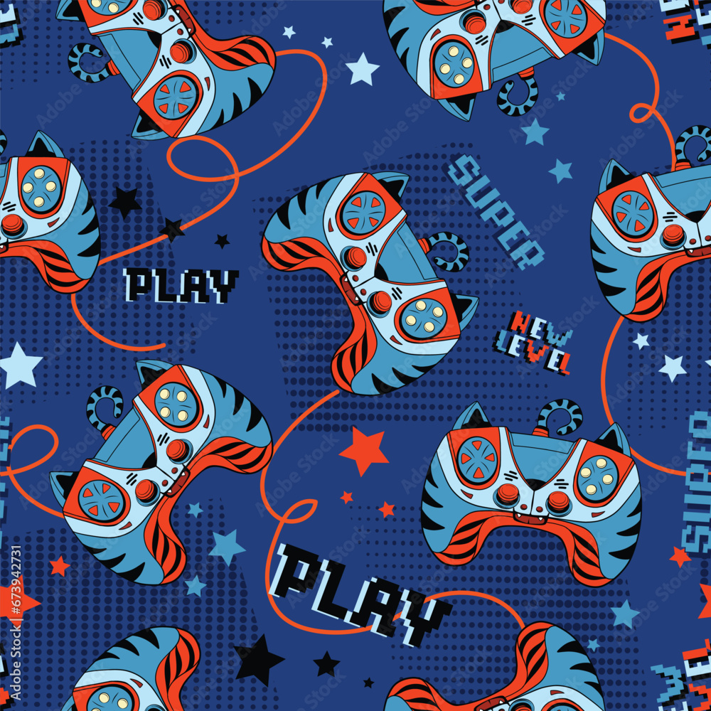 Tiger gamepad cartoon character seamless pattern on yellow background with digital dots, text Play, super, new level. Cartoon kids repeat print with gamepads. Wildlife robotically character Tiger gamepad cartoon character seamless pattern on yellow background with digital dots, text Play, super, new level. Cartoon kids repeat print with gamepads. Wildlife robotically character