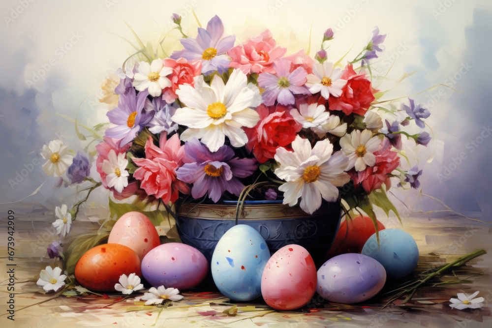 Illustration of watercolor Easter eggs in flowers, fantasy painting in pastel colors Illustration of watercolor Easter eggs in flowers, fantasy painting in pastel colors