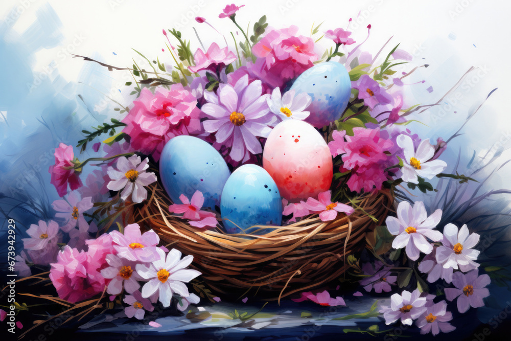 Illustration of watercolor Easter eggs in flowers, fantasy painting in pastel colors Illustration of watercolor Easter eggs in flowers, fantasy painting in pastel colors