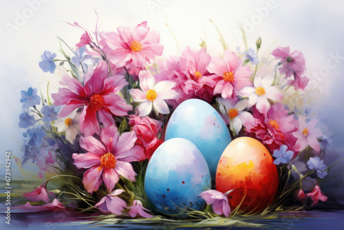 Illustration of watercolor Easter eggs in flowers  fantasy painting in pastel colors