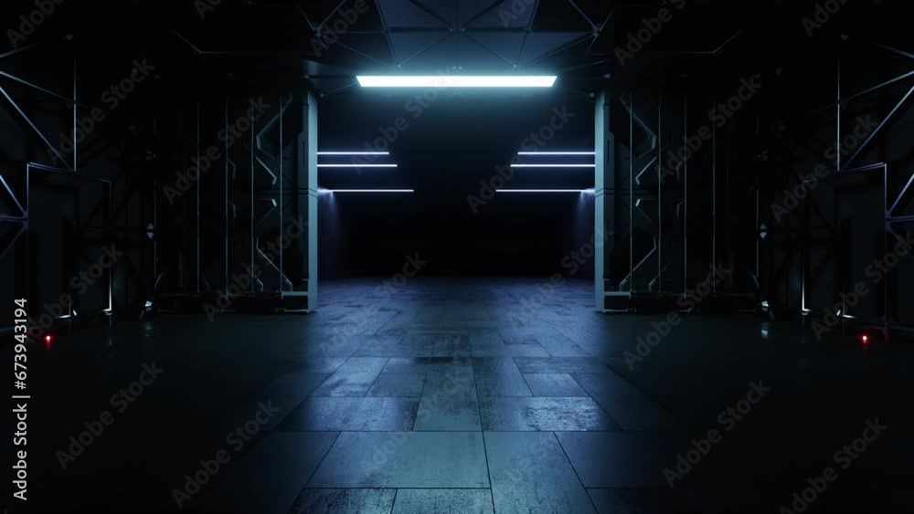 Showcase Event Car Door Opening Dolly Camera Reveal Modern Tunnel Corridor Spaceship Garage Hangar Warehouse Sci Fi Futuristic Metal Panels Structure Showroom 3D Animation