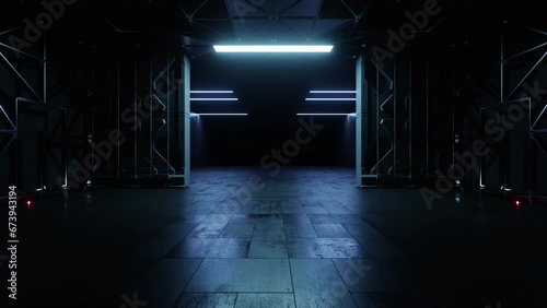 Showcase Event Car Door Opening Dolly Camera Reveal Modern Tunnel Corridor Spaceship Garage Hangar Warehouse Sci Fi Futuristic Metal Panels Structure Showroom 3D Animation