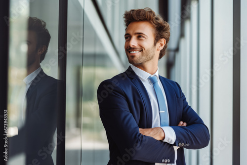 Thoughtful young caucasian businessman looking away with smile. Portrait of confident young man in a suit smiling. male business person portrait.