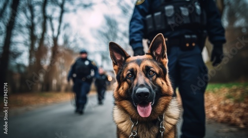 A police officer using a canine unit to search for drugs