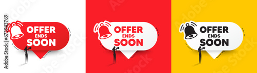 Offer ends soon tag. Speech bubbles with bell and woman silhouette. Special offer price sign. Advertising discounts symbol. Offer ends soon chat speech message. Woman with megaphone. Vector