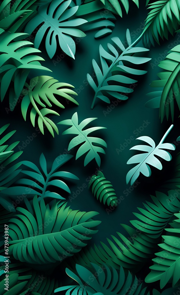 Tropical Trees and leaves wallpaper design - 3D illustration, Generative AI