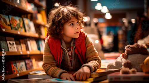 Child looking attentively at the books in a bookstore interested in reading back to school concept loving read a book