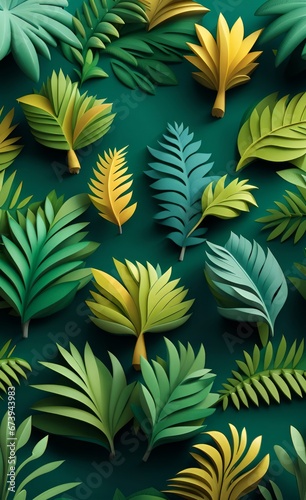 Tropical Trees and leaves wallpaper design - 3D illustration  Generative AI