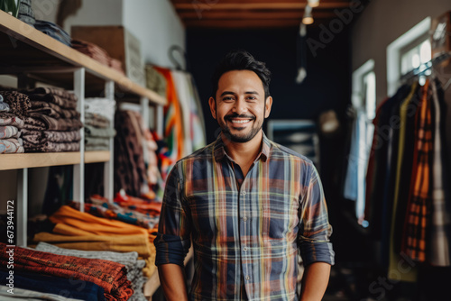 Ethnic small business owner smiling cheerfully in his shop. Portrait of proud confident male shop owner in front of stacked shelves. photo