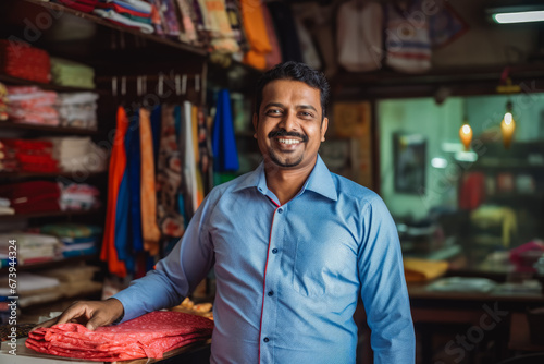 Indian small business owner smiling cheerfully in his shop. Portrait of proud confident male shop owner in front of stacked shelves.
