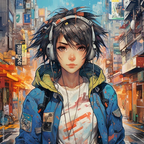 a woman with headphones on in the middle of a city photo