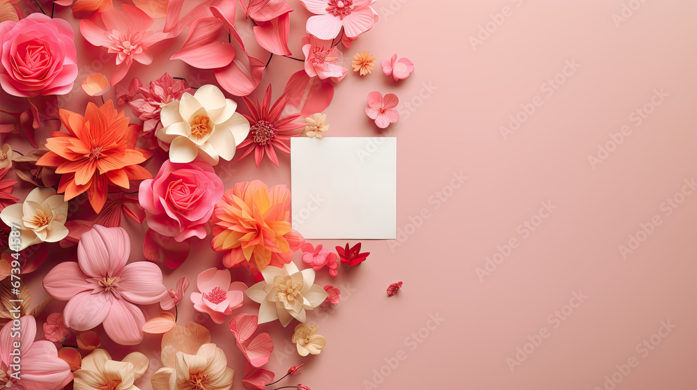 Floral frame of roses and chrysanthemums with empty white space in the center. Free space for product placement or advertising text.