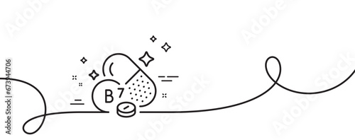 Vitamin B7 line icon. Continuous one line with curl. Biotin food nutrient sign. Capsule or pill supplement symbol. Biotin vitamin single outline ribbon. Loop curve pattern. Vector