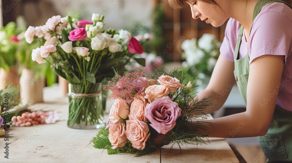 Fototapeta premium Hands of a florist arranging wedding flowers