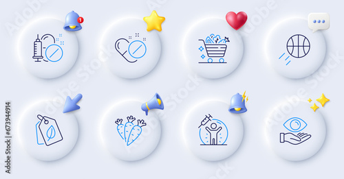 Medical pills, Medical drugs and Vaccine protection line icons. Buttons with 3d bell, chat speech, cursor. Pack of Basketball, Bio tags, Vegetables cart icon. Carrots, Health eye pictogram. Vector
