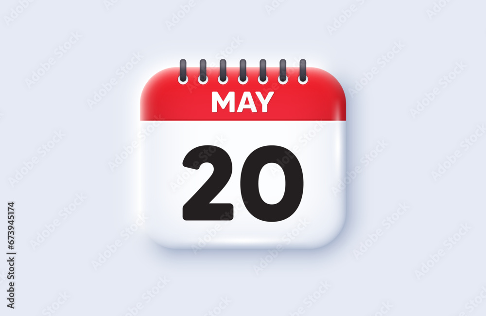 Calendar date 3d icon. 20th day of the month icon. Event schedule date. Meeting appointment time. 20th day of May month. Calendar event reminder date. Vector Calendar date 3d icon. 20th day of the month icon. Event schedule date. Meeting appointment time. 20th day of May month. Calendar event reminder date. Vector