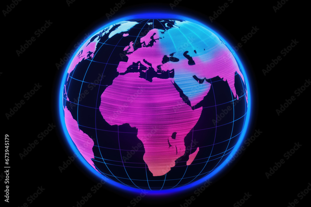 Holographic neon colored wired Earth globe, isolated on black background, Holographic neon colored wired Earth globe, isolated on black background,
