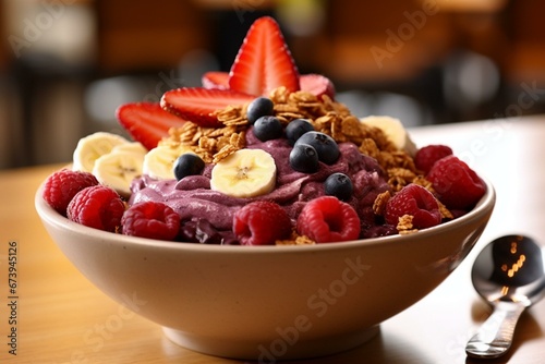 Nourishing acai bowl topped with fresh fruit and crunchy granola. Generative AI