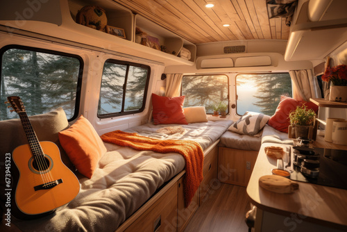 Interior of inside the camper van or trailer bus with cozy Scandinavian hygge style, decoration with bed and kitchen room for vacation, Camping trip concept.
